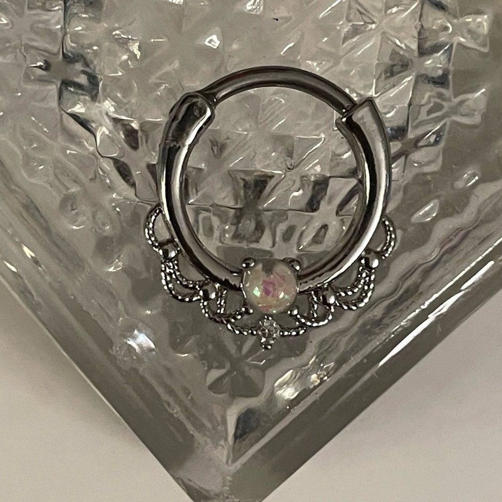 16G Opal & CZ Surgical Steel 10mm Single Hoop Septum/ Daith Clicker NWT - Picture 4 of 11